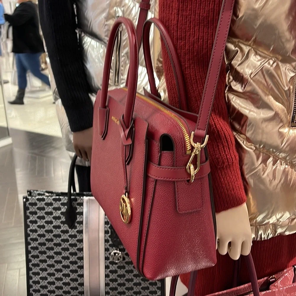 MICHAEL KORS Mercer Medium Two-Tone Pebbled Leather Belted Satchel Mulberry